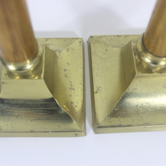 Mid Century Set of Two Vintage Brass and Oak Wood Candle Holders, Candle Sticks - Picture 6 of 9